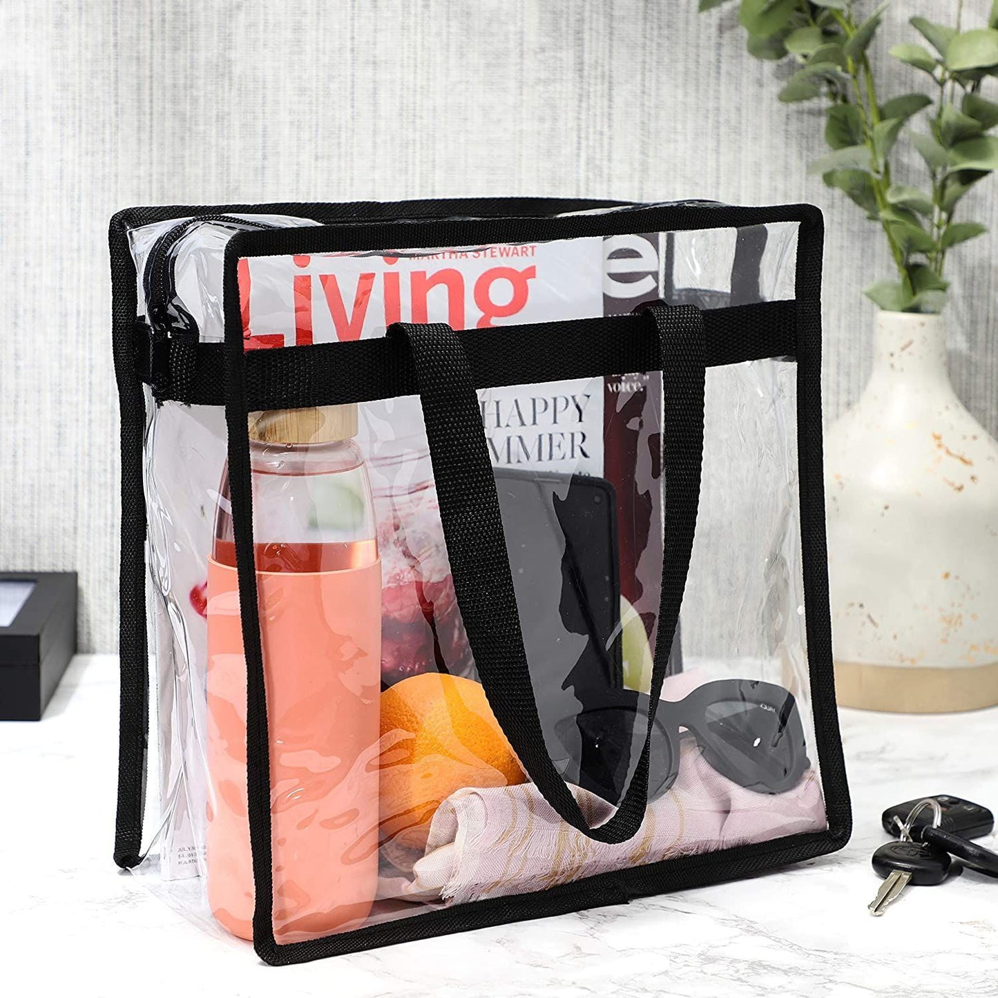 Clear Plastic Tote Bags for Concert, Transparent Shoulder Bag with Zipper, 12x12x6 in, Black