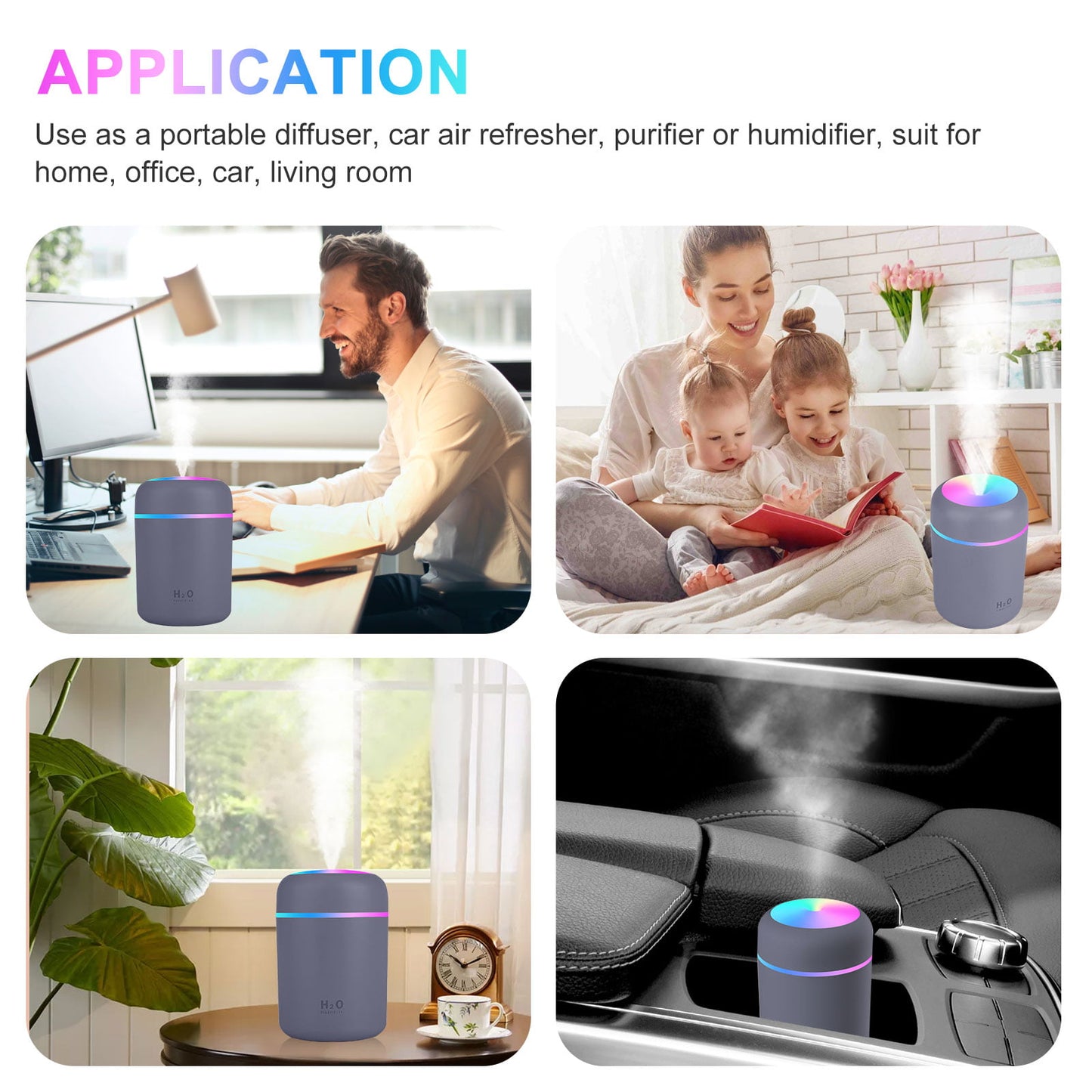 Portable Mini Humidifier, 300 ml Small Cool Mist Humidifiers with Night Light, USB Auto Shut-Off 2 Mist Modes Quiet Air Humidifier for Baby Office Home Travel Car Desk