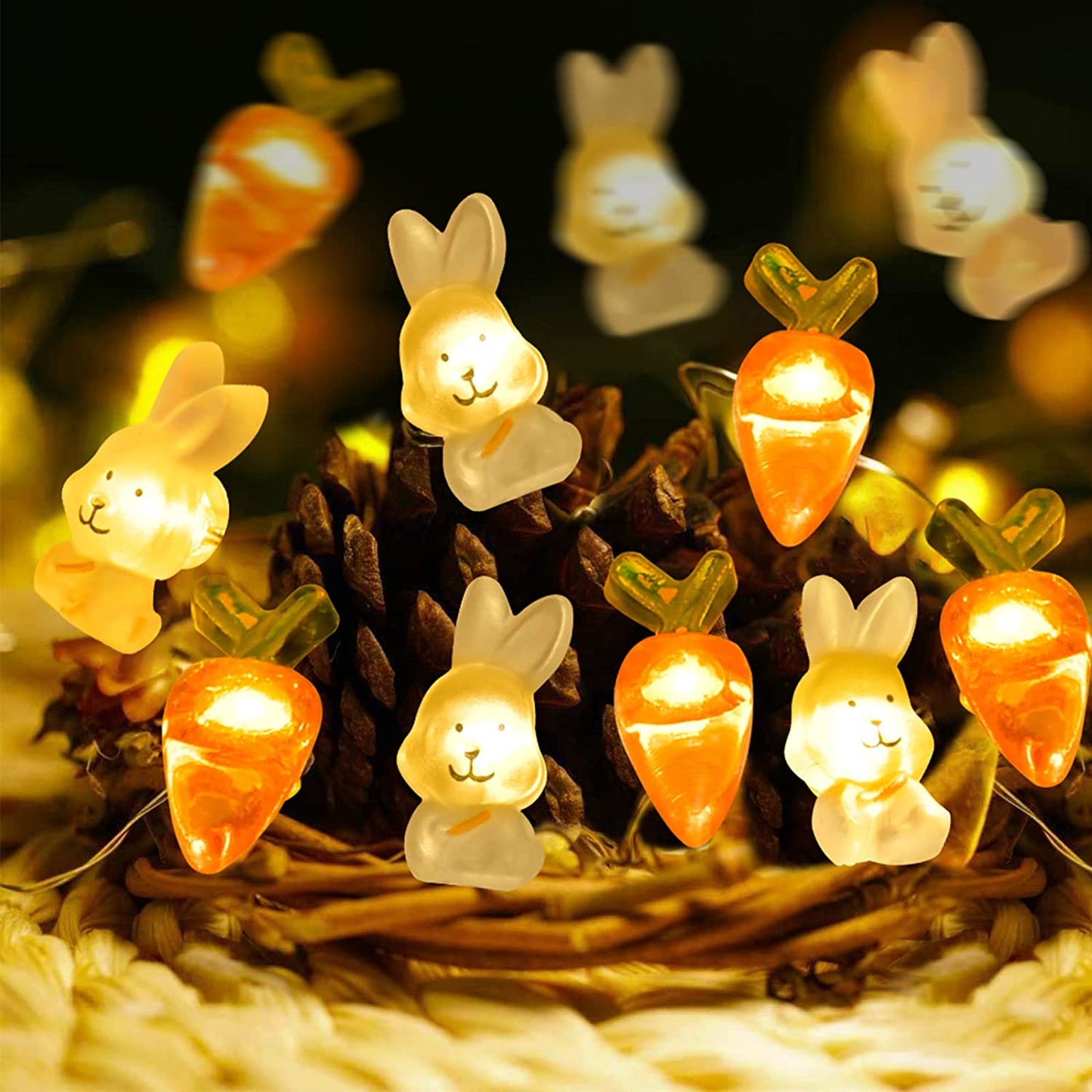 Happylost17 Easter Decorations 20LEDs Bunny Carrot LED String Lights Battery Operated, Easter Decor Spring Rabbit Fairy Lights, Always Bright, Warm Yellow