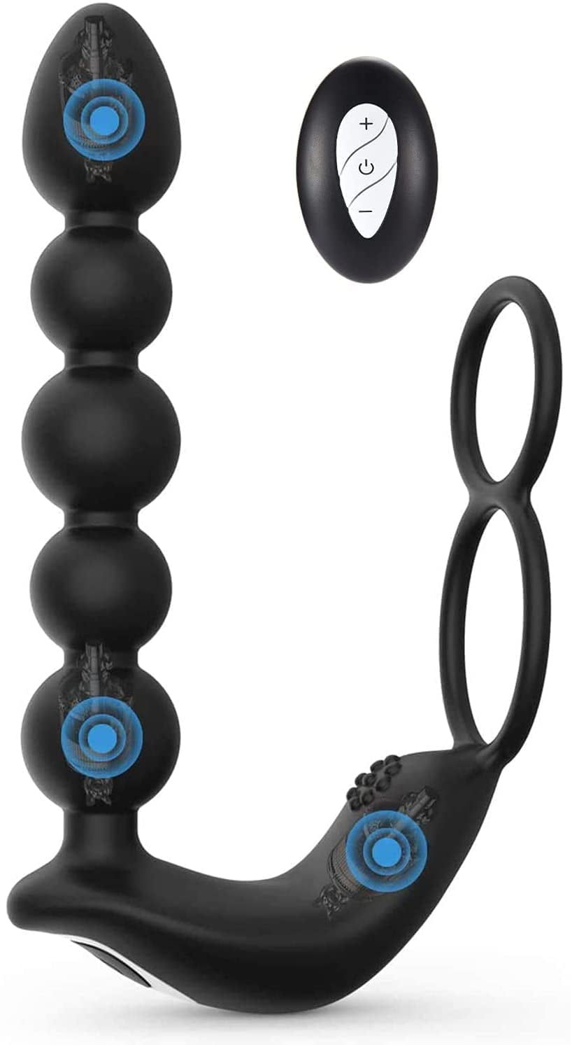Butt Plug Anal Sex Toys with Penis Ring & Anal Bead Rechargeable Vibrator Waterproof Prostate Massager, Ejaculation Enhancement Erection Prolonger, 3 Powerful Motors Built-in
