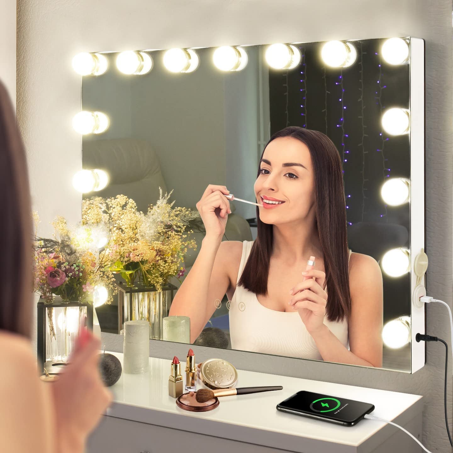 Vanity Mirror with Lights, Makeup Mirror with Lights, Hollywood Lighted Mirror with 15 Dimmable LED Bulbs, 3 Colors Modes, Touch Control, USB Charging Port, Metal Frame, White