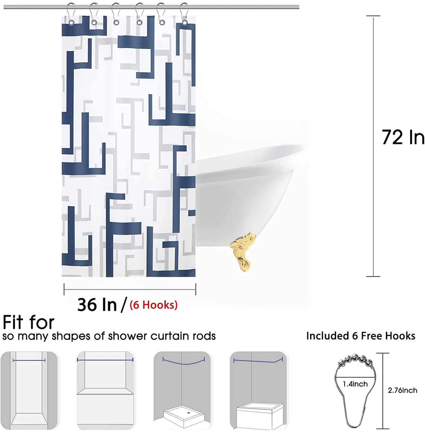 Shower Curtain Liner, Shower Curtain Set with Hooks, Bathroom Curtain Waterproof Fabric, Shower Curtains for Bathroom 36"x72"