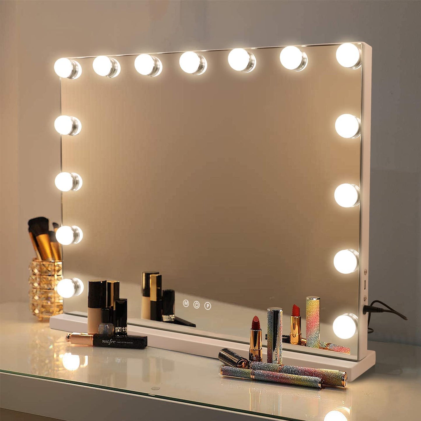 Vanity Mirror with Lights, Makeup Mirror with Lights, Hollywood Lighted Mirror with 15 Dimmable LED Bulbs, 3 Colors Modes, Touch Control, USB Charging Port, Metal Frame, White