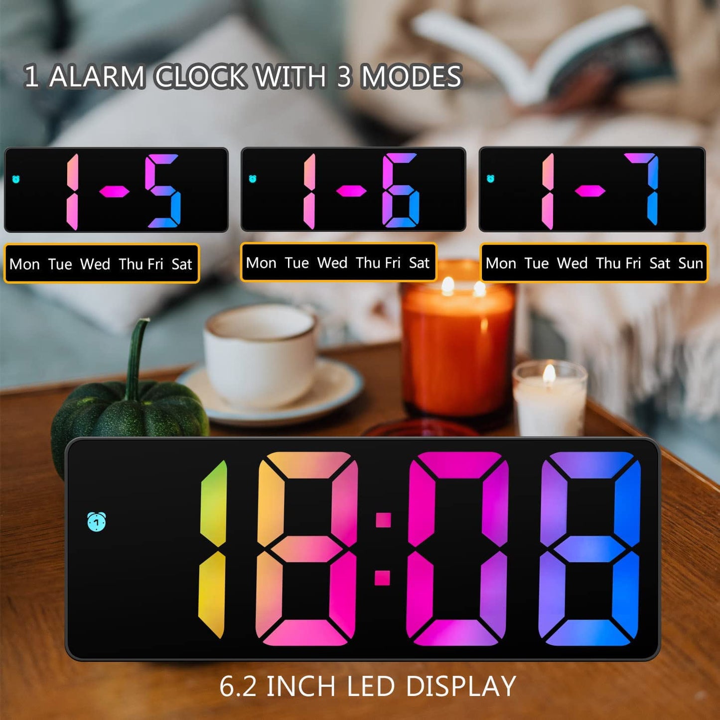 12/24 Bedroom Alarm Clock, 6.5 Inch HD Display, Color Digital, 3-level Brightness Adjustable Desk Clock