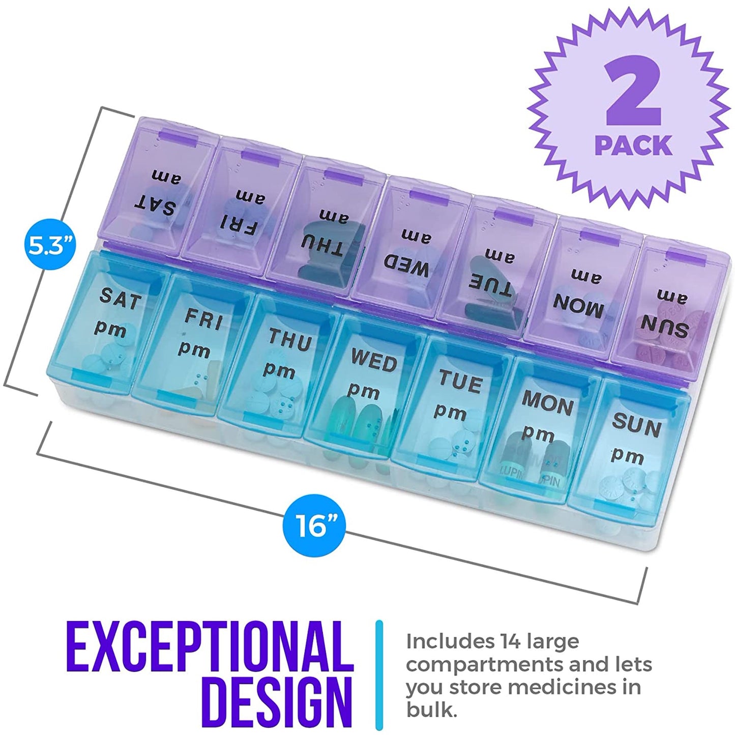 2 Pack Travel Weekly (7-Day) AM/PM Pill Organizer, Twice-a-Day Pill Case, Pill Planners, Vitamins