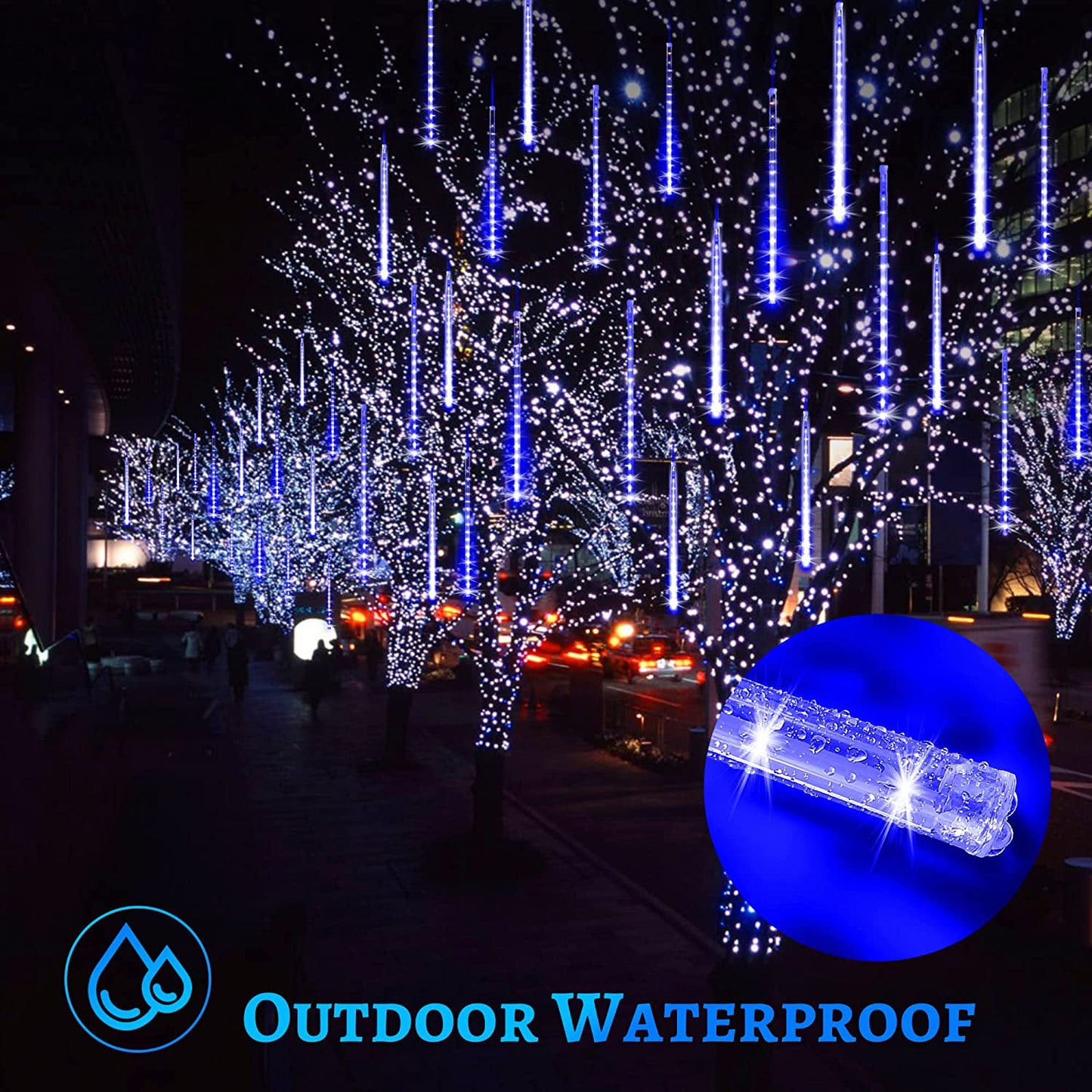 Christmas Lights, String Lights Outdoor, Meteor Shower Lights Outdoor 12 Inch 8 Tube 192 LED Meteor Lights, Raindrop Snowfall Lights for Tree Yard Party Patio Christmas Decor Lights, Blue