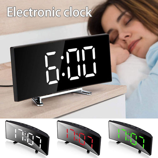 LED Alarm Clock, Bedside Silent Clock with Bracket Curved Electronic Desktop Clock with Large LED Screen Bedroom Table Clock for Bedroom Home Office Travel