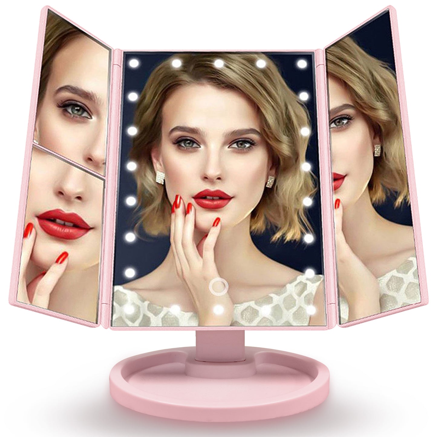 Elecsop Makeup Mirror with 22 LED Lights, Trifold Vanity Mirror with 3X/2X/1X Magnification, 180° Rotation Portable Mirrors for Travel(Pink)