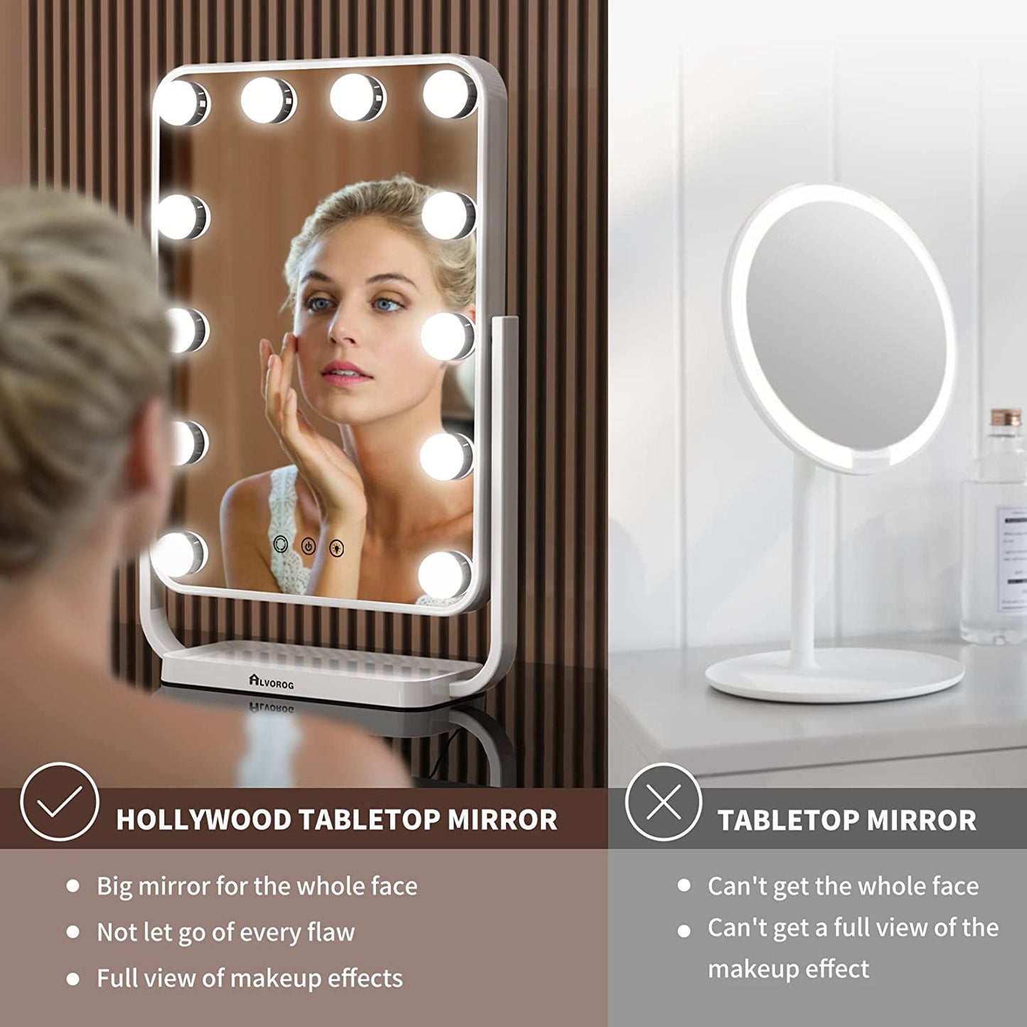 Elecsop Vanity Mirror with Lights,Hollywood Lighted Makeup Mirror with 3 Color Modes 12 Dimmable LED Bulbs Touch Switch Memory Function 360°Rotation, White