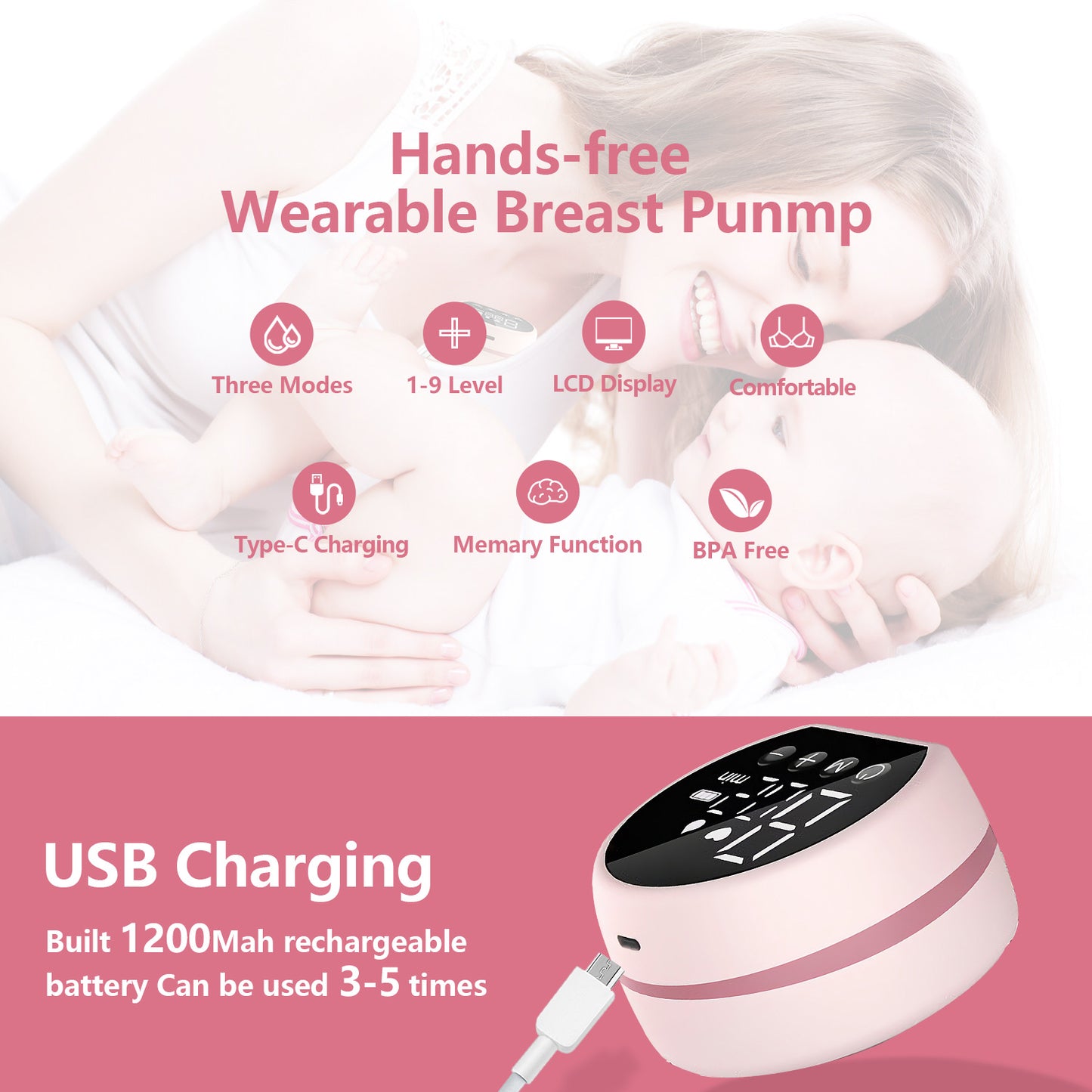 Wearable Breast Pump, Yadala Electric Breast Pump, Hands Free & Low Noise Portable Breast Pump with 3 Modes, 9 Levels