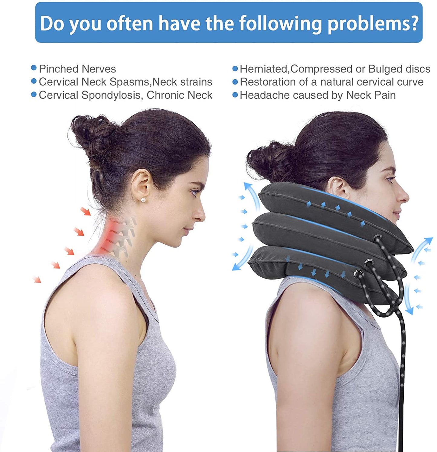 Cervical Neck Traction Device Inflatable Neck Support, Adjustable Neck Brace is Good for Spine Alignment and Chronic Neck Pain Relief, Traction Collar is Easy to Use at Home or Office