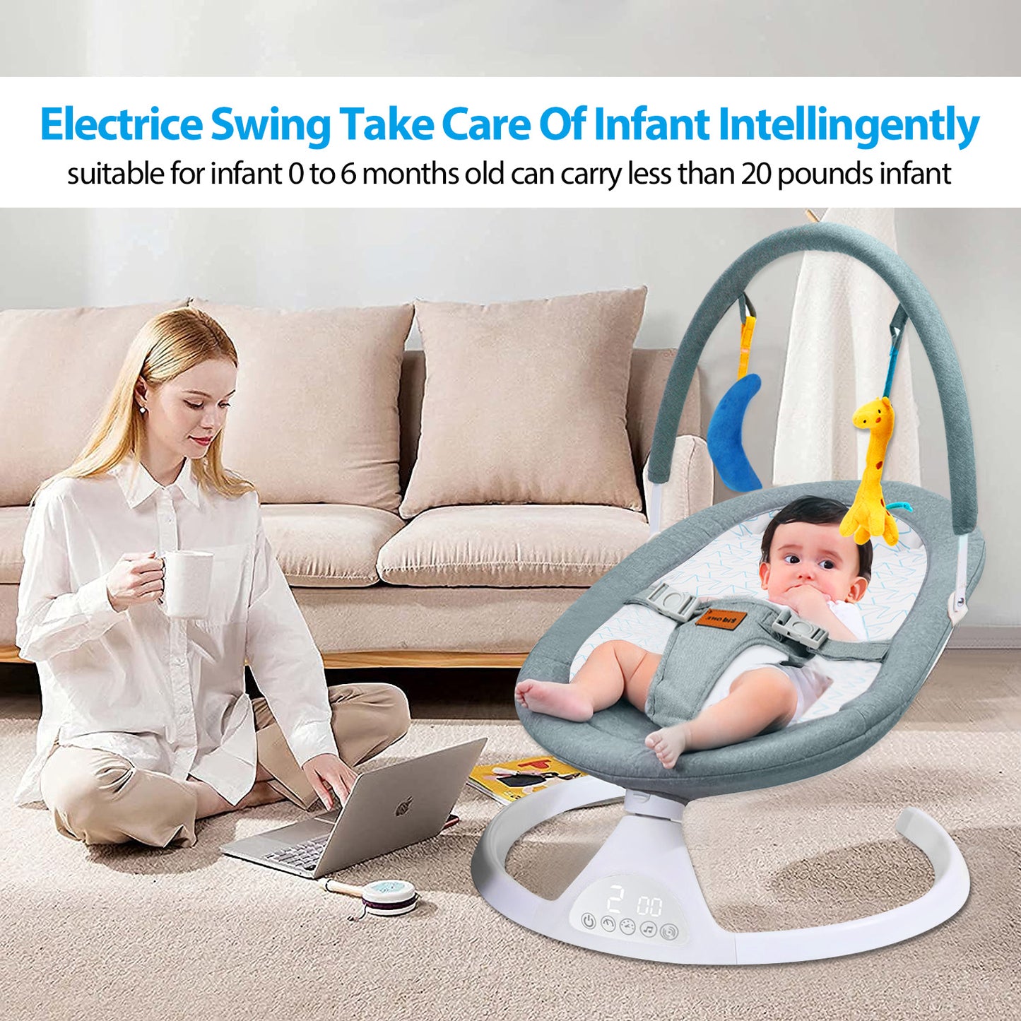 Baby Swing, Portable Bluetooth Baby Swing, Remote Control Baby Bouncer with 5-Speeds for Infants, Unisex, Green