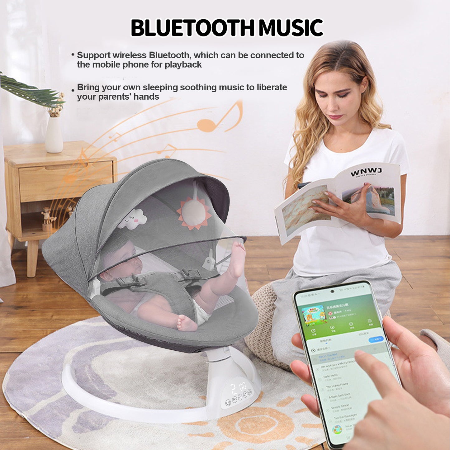 Bluetooth Baby Swing for Infants, Newborn Sleeping Crib and Bouncer, Intelligent Auto-Sensing Swing, 5 Speed, 10 Lullabies, Remote Control