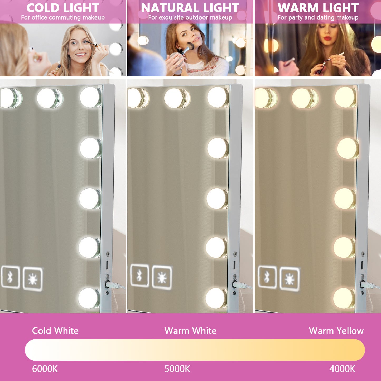 Vanity Mirror with Lights, Makeup Mirror with Bluetooth  and 10X Magnification, Hollywood Lighted Mirror with 15 Dimmable LED Bulbs for Dressing Room & Bedroom