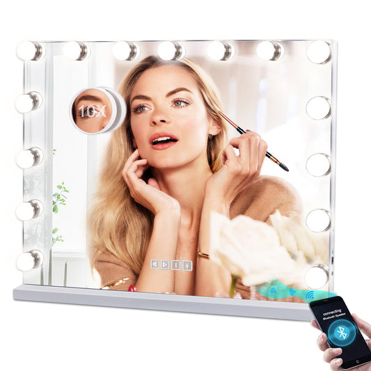 Vanity Mirror with Lights, Makeup Mirror with Bluetooth and 10X Magnification, Hollywood Lighted Mirror with 15 Dimmable LED Bulbs for Dressing Room & Bedroom