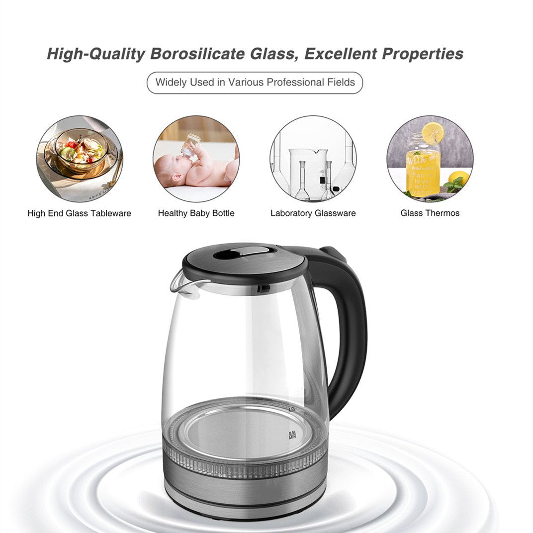 Electric Kettle, Glass and Steel Hot Tea Water Kettle with Blue LED Indicator Light, Tea Kettle with Auto Shut-Off and Boil-Dry Protection, 1.8-Liter