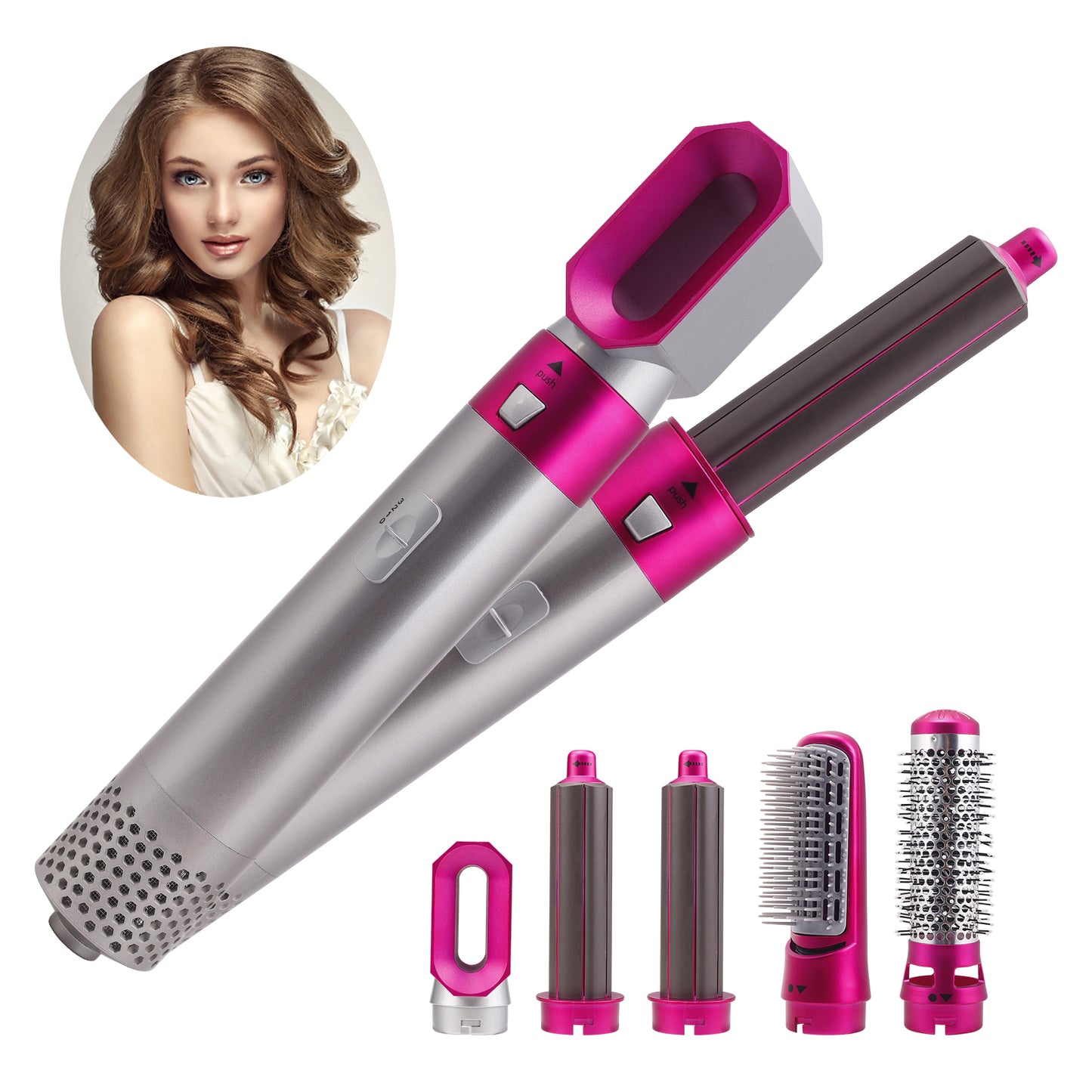 Elecsop 5 in 1 Detachable Hair Curler, Electric Hair Comb, Rotating Hot Air Brush, Suitable for All Hair Styles, Fuchsia