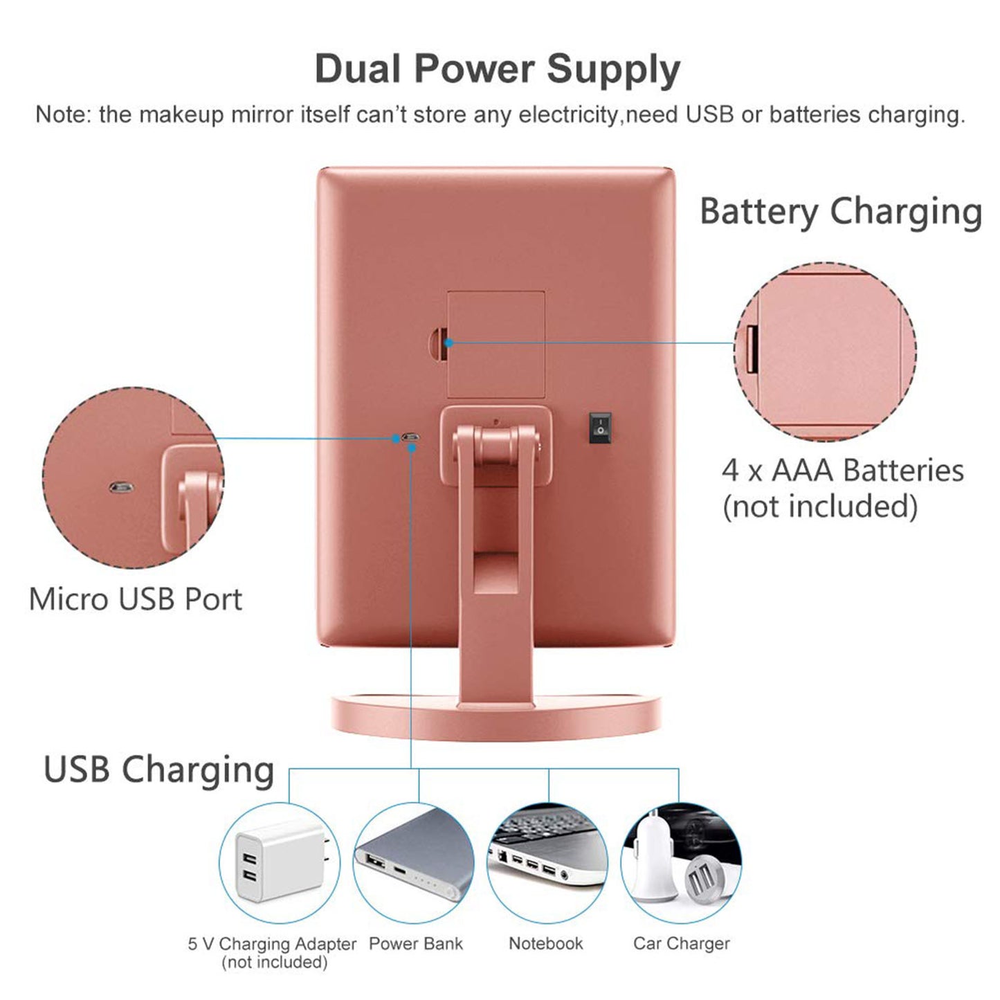 Makeup Mirror Vanity Mirror with Lights, 1x 2X 3X Magnification, Lighted Makeup Mirror, Touch Control, Trifold Makeup Mirror, Dual Power Supply, Portable LED Makeup Mirror, Women Gift (Rose Gold)