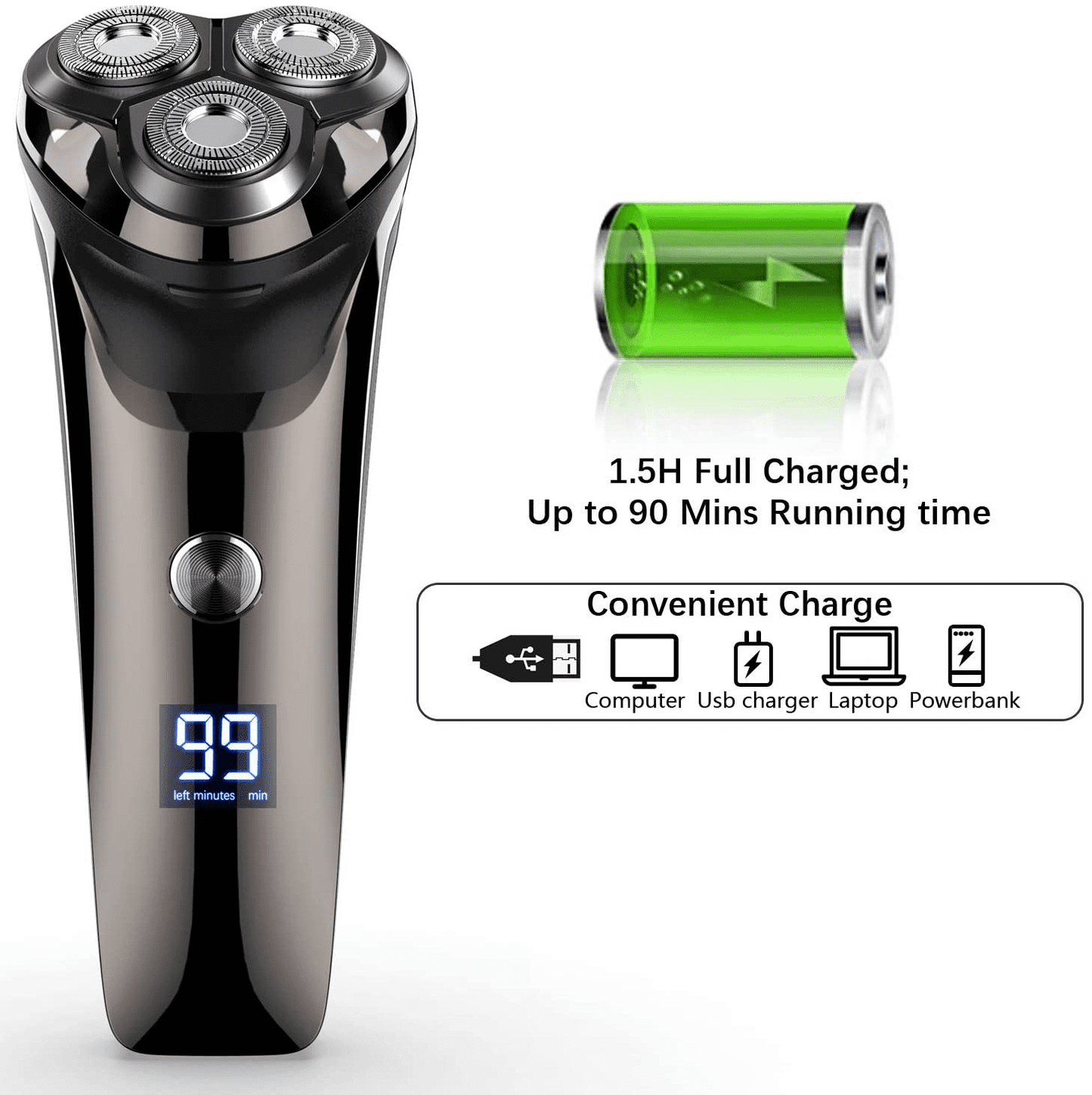 2 in 1 Electric Razor for Men, IPX7 Waterproof 4D Electric Rotary Shaver, Dry Wet Beard Trimmer Travel USB Rechargeable