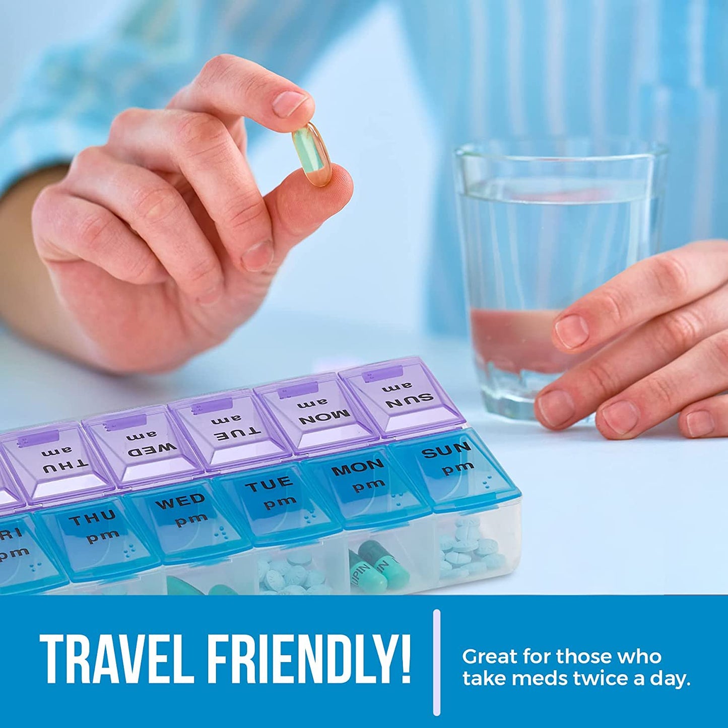2 Pack Travel Weekly (7-Day) AM/PM Pill Organizer, Twice-a-Day Pill Case, Pill Planners, Vitamins