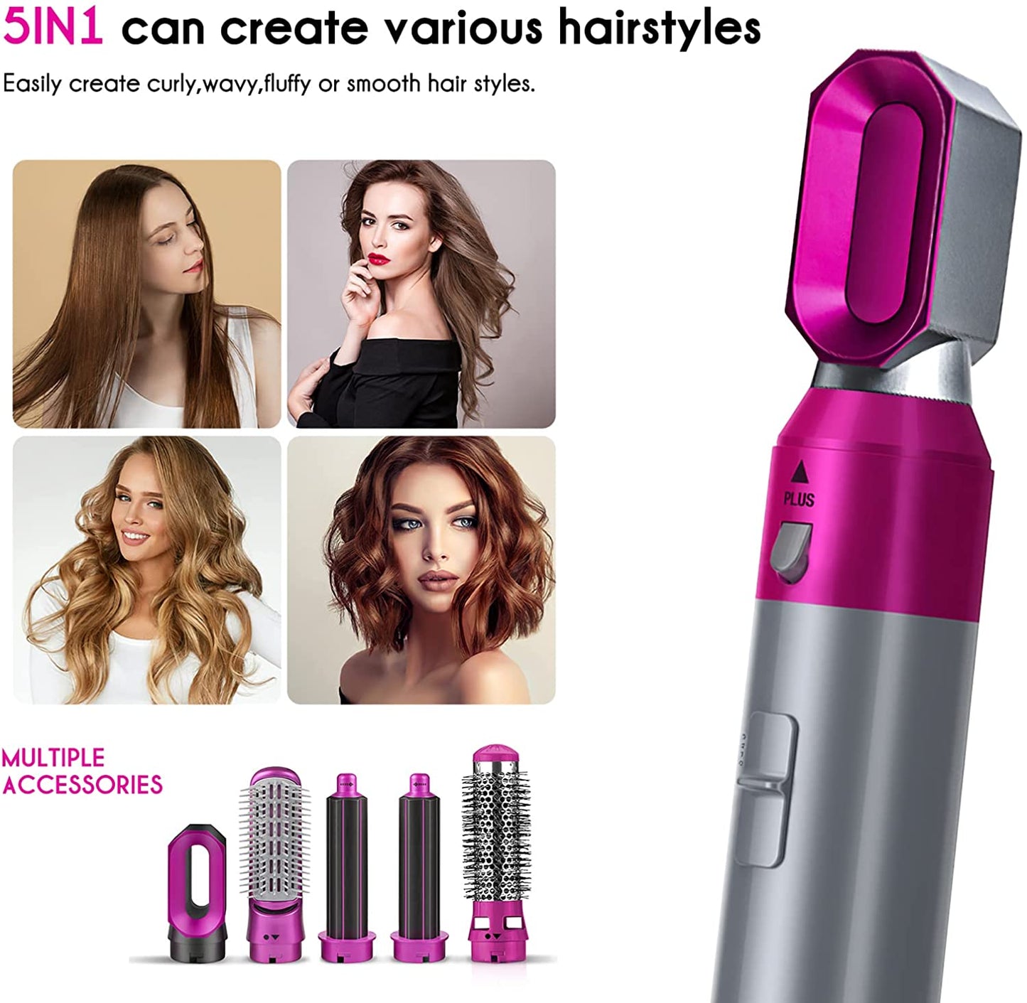 5 in 1 Hair Blower Brush Hairdryer Hair Curler Curling Iron Detachable Hair Styler Electric Hair Comb Rotating Hot Air Brush for All Hairstyle