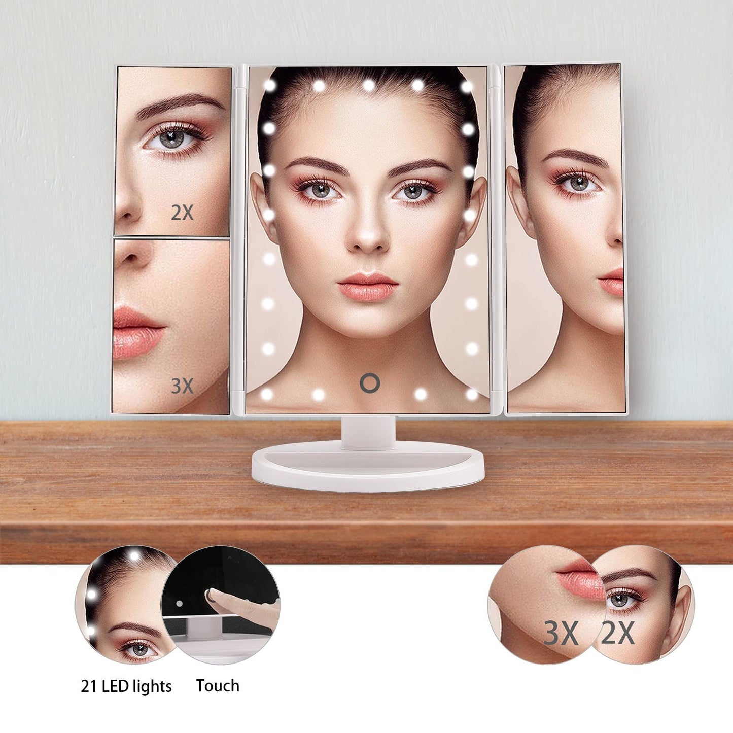 Elecsop Makeup Mirror Vanity Mirror with 22 LED Lights, Touch Screen 3X/2X/1X Magnification, Lighted Makeup Mirror, Trifold Makeup Mirror(White)