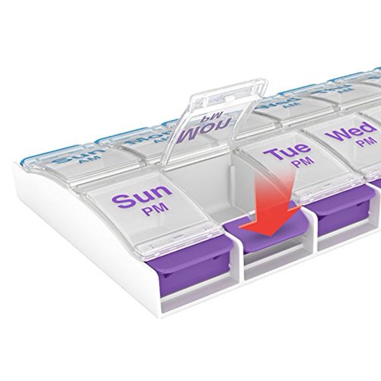 BDUN Push Button Pill Organizer, Weekly Pill, Medicine, Vitamin Organizer Box, 7 Days Pill Container, 2 Times a Day, AM PM, Large Compartments, Arthritis Friendly