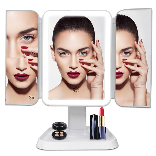 Makeup Mirror Vanity Mirror with Lights - 3 Color Lighting Modes 68 LED Trifold Mirror, 1x/2x/3x Magnification, Touch Control Design, Portable High Definition Cosmetic Lighted Up Mirror