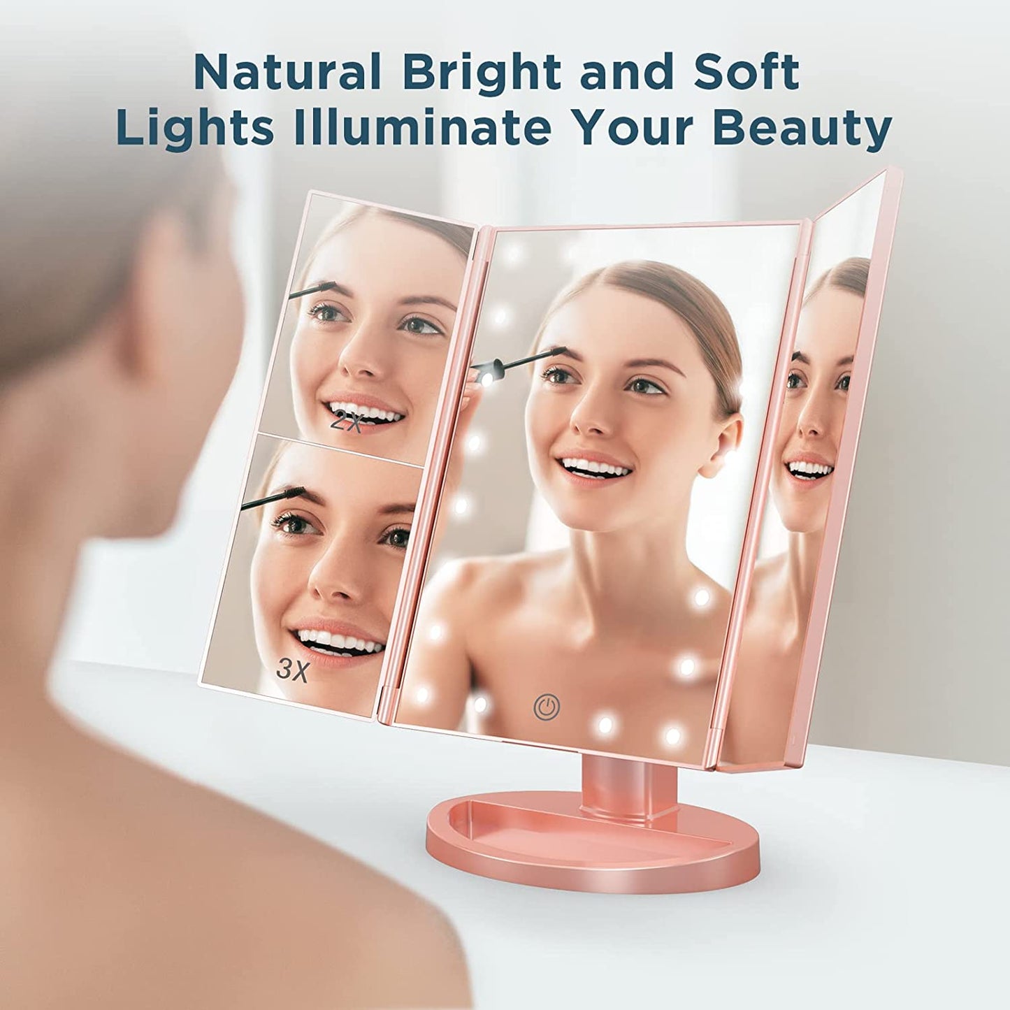 Makeup Mirror Vanity Mirror with Lights, 1x 2X 3X Magnification, Lighted Makeup Mirror, Touch Control, Trifold Makeup Mirror, Dual Power Supply, Portable LED Makeup Mirror, Women Gift (Rose Gold)