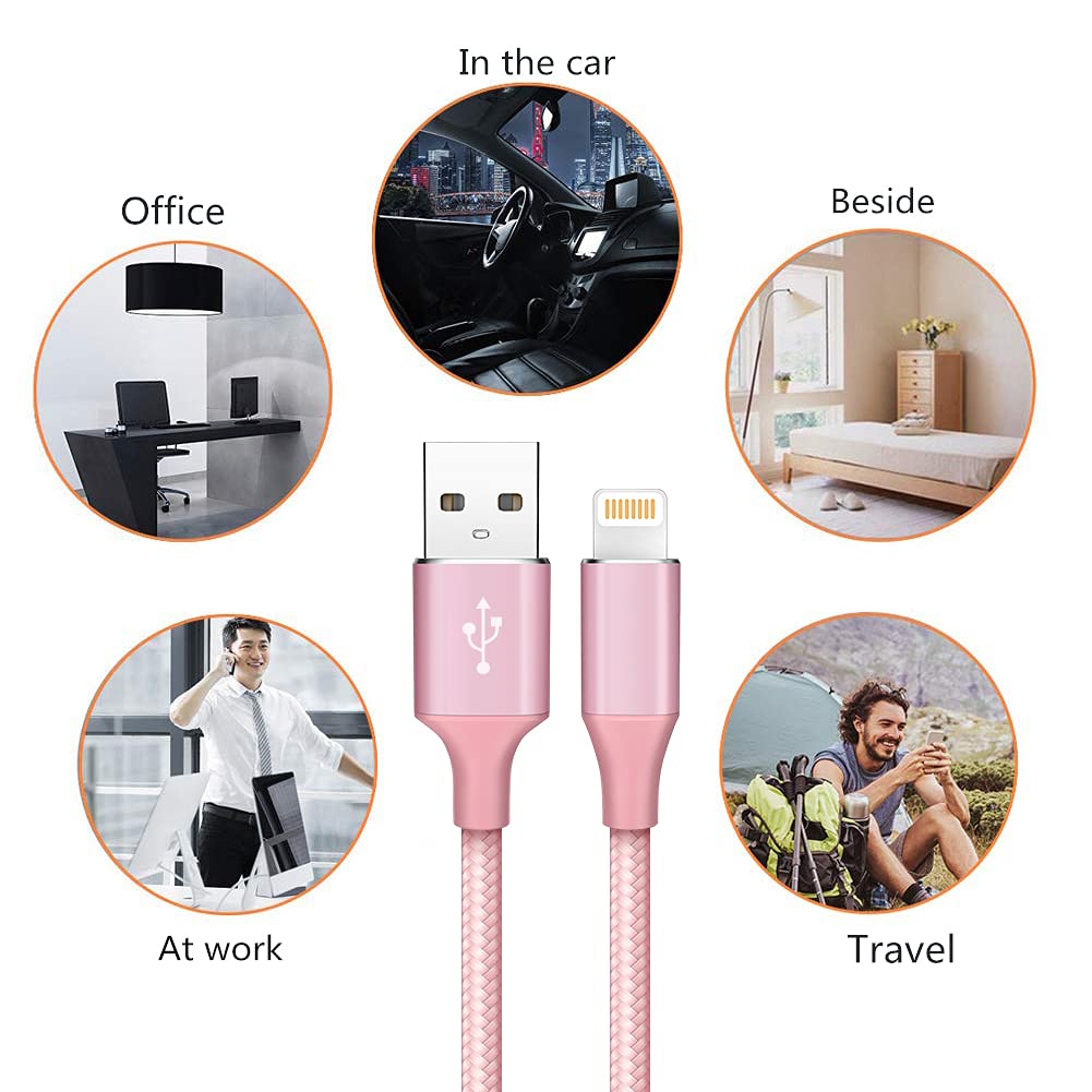 SPBPQY Extra Long Phone Charger [3-Pack 6FT 10FT 10FT] Nylon Braided USB Charge & Data Sync Cable Cord Compatible with iPhone Case X/8/8 Plus/7/7 Plus/ 6/6s Plus/5s/5,iPad Mini Case - Pink
