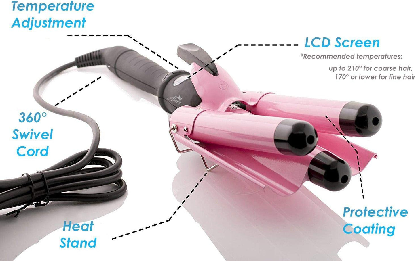 3 Barrel Curling Iron Wand with LCD Temperature Display - Hosey 1 Inch Ceramic Tourmaline Triple Barrels Hair Waver, Dual Voltage Hair Crimper (Pink)