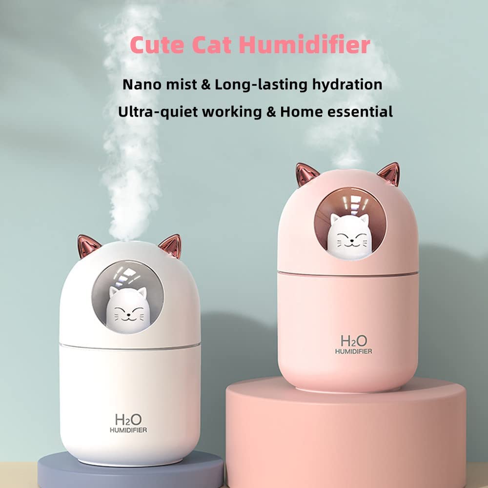 Small Humidifiers for Bedroom - 300ml Mini Cute Cool Mist Humidifiers with Colorful Night Light, 2 Spray Modes, Ultra-Quiet, Portable Personal Air Humidifier for Kids Baby Room Office Desk