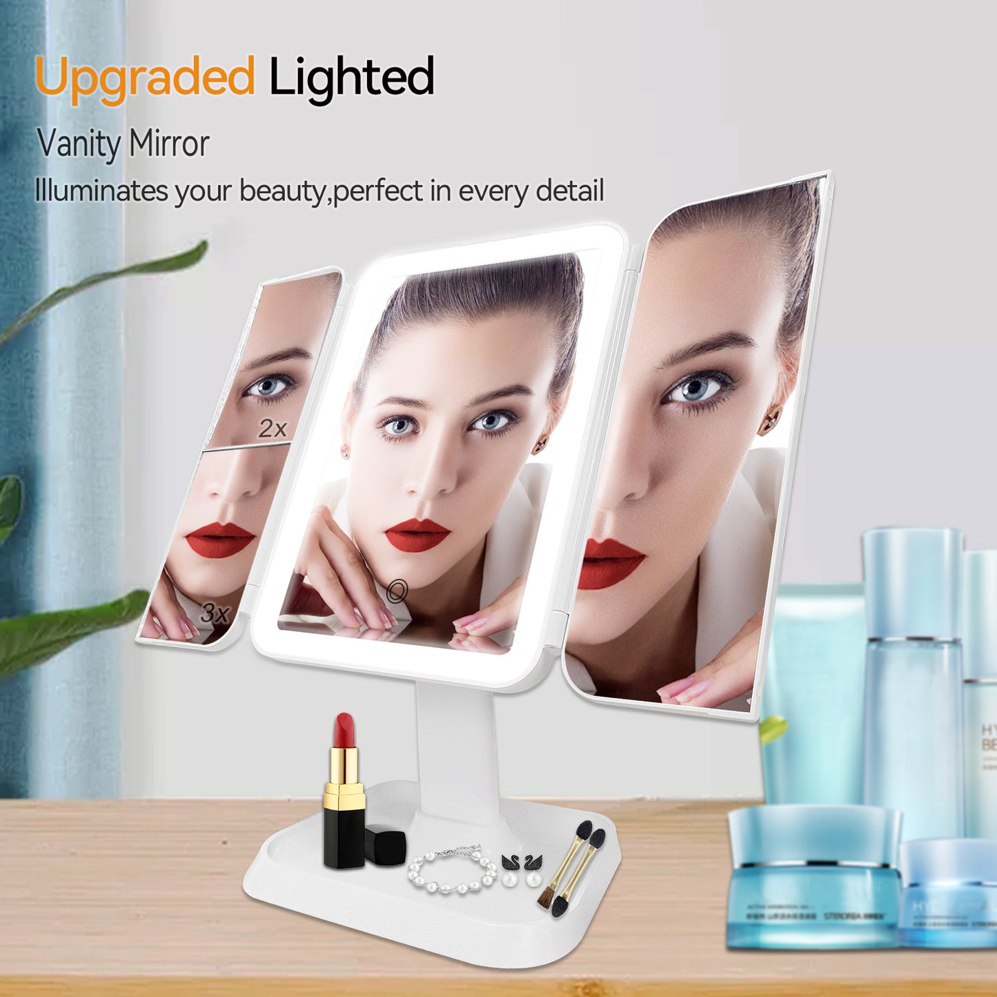 Makeup Mirror Vanity Mirror with Lights - 3 Color Lighting Modes 68 LED Trifold Mirror, 1x/2x/3x Magnification, Touch Control Design, Portable High Definition Cosmetic Lighted Up Mirror