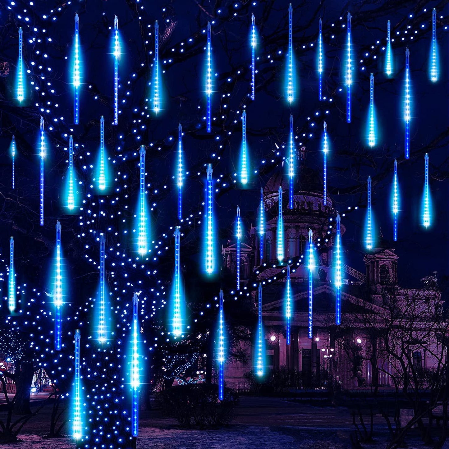 Christmas Lights, Meteor Shower Icicle String Lights, 18 Inches 8 Tubes 288 LED Christmas Lights Outdoor Dropping Lights, Hanging Falling Rain Lights Holiday Christmas Tree Lights, Blue