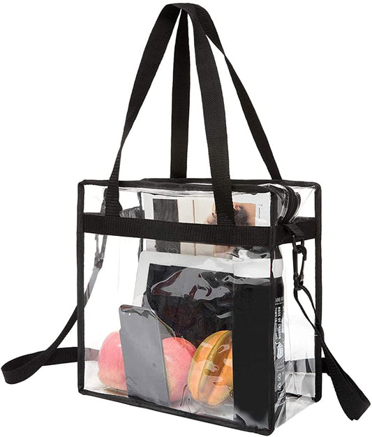 Clear Plastic Tote Bags for Concert, Transparent Shoulder Bag with Zipper, 12x12x6 in, Black