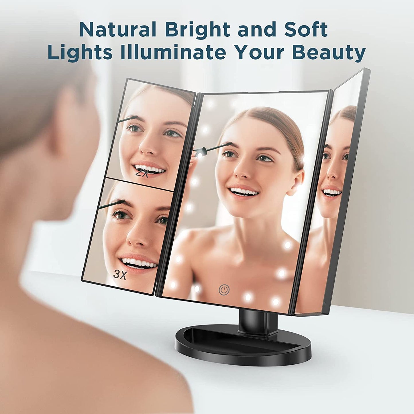 Elecsop Makeup Mirror Vanity Mirror with 22 LED Lights, Touch Screen 3X/2X/1X Magnification, Lighted Makeup Mirror, Trifold Makeup Mirror(Black)