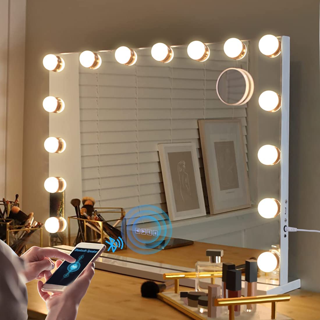 Elecsop Hollywood Vanity Mirror Makeup Mirror with Bluetooth with 15 Dimmable Lighted Bulbs for Makeup LED Lighted