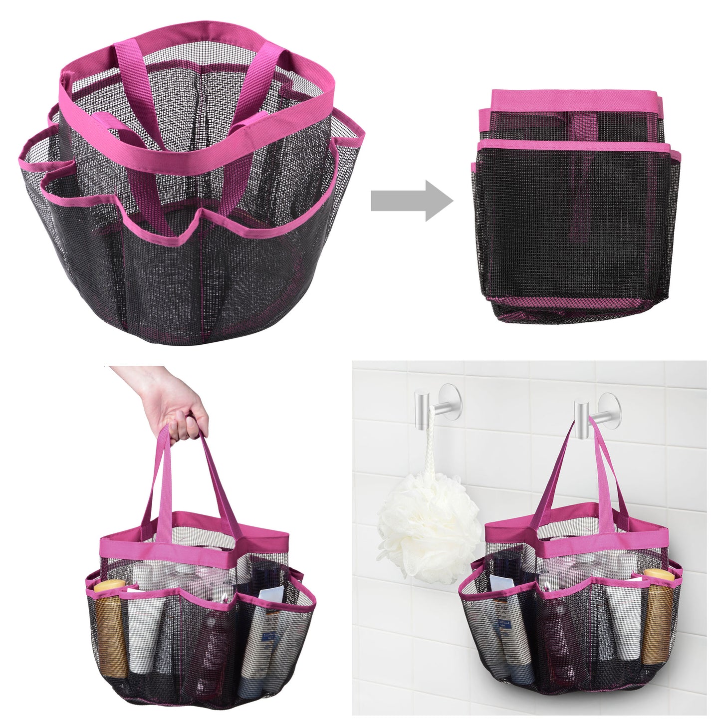 Mesh Shower Caddy with 8 Pockets, Quick Dry Shower Carry Tote, Bathroom Storage Bag, Pink