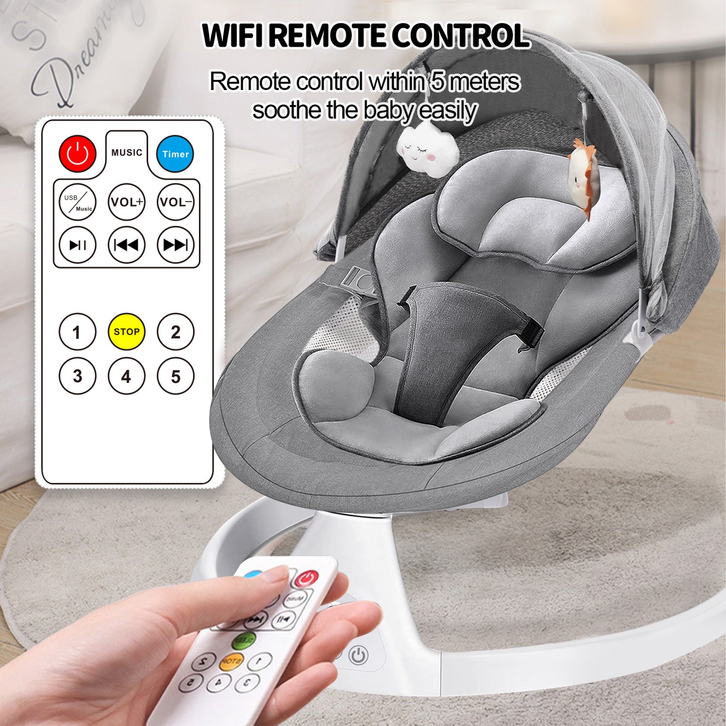 Bluetooth Baby Swing for Infants, Newborn Sleeping Crib and Bouncer, Intelligent Auto-Sensing Swing, 5 Speed, 10 Lullabies, Remote Control