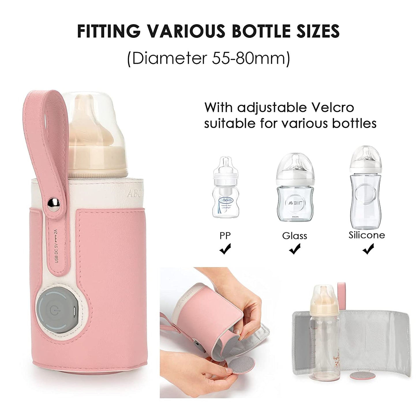 Yadala Baby Bottle Warmer, Portable USB Powered Milk Bottle Warmer Heater Keeper with 3 Temperature Adjustment, Pink