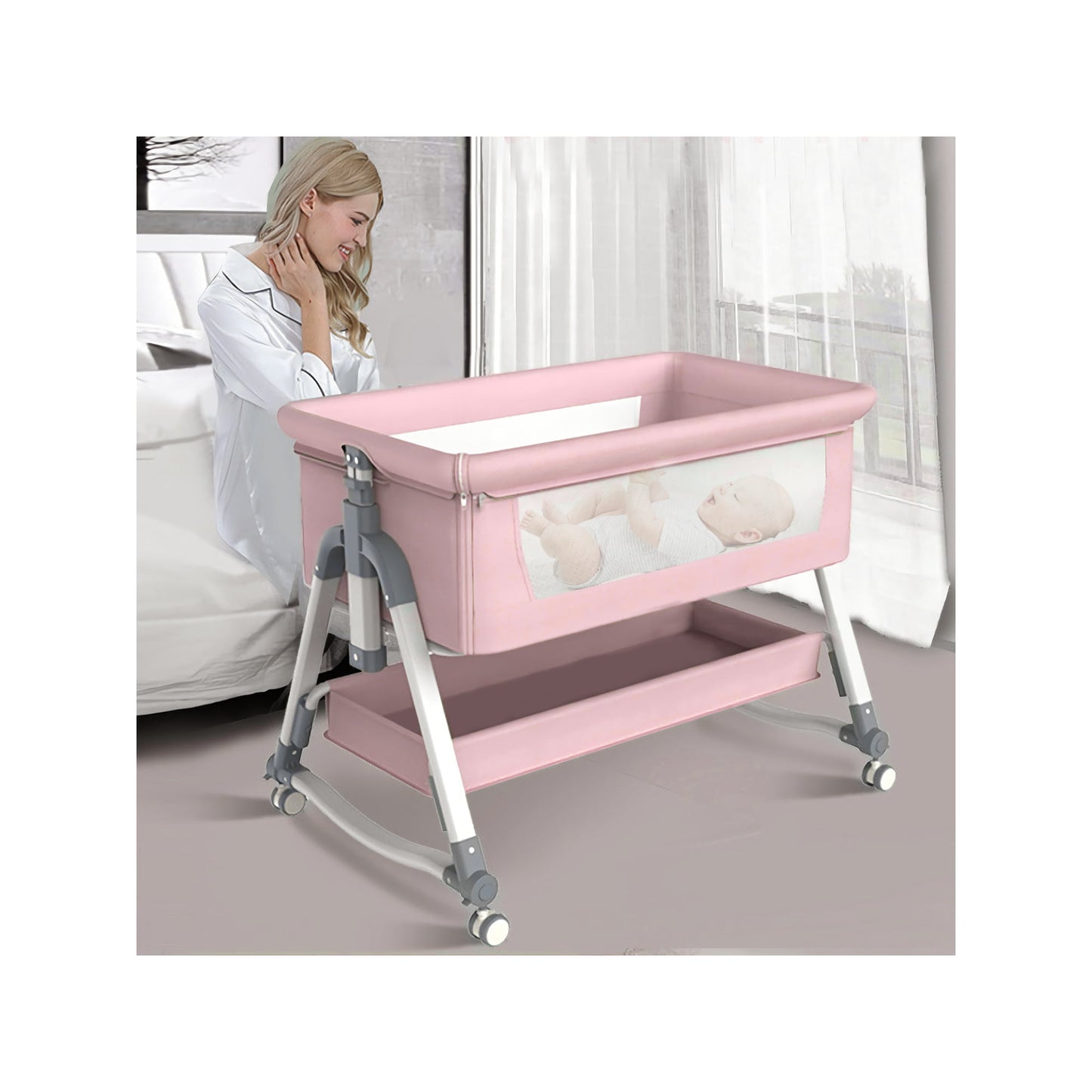 Baby Bassinet, Portable Bassinet Crib, Bedside Sleeper Baby Bed for Newborns Girl Boy Infant with Storage Bag