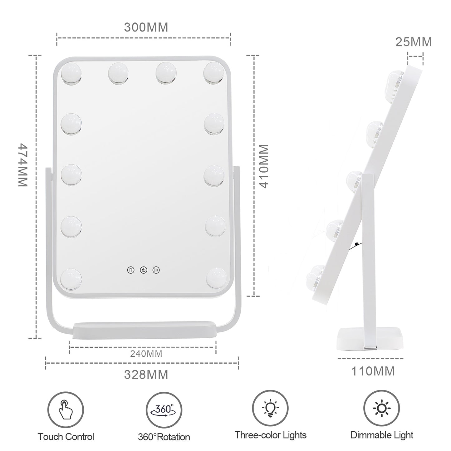 Vanity Mirror with Lights, Lighted Makeup Mirror with 12 Dimmable Bulbs for Dressing Room & Bedroom,3 Color Lighting,Modes Detachable 10x Magnification 360°Ratation(White)