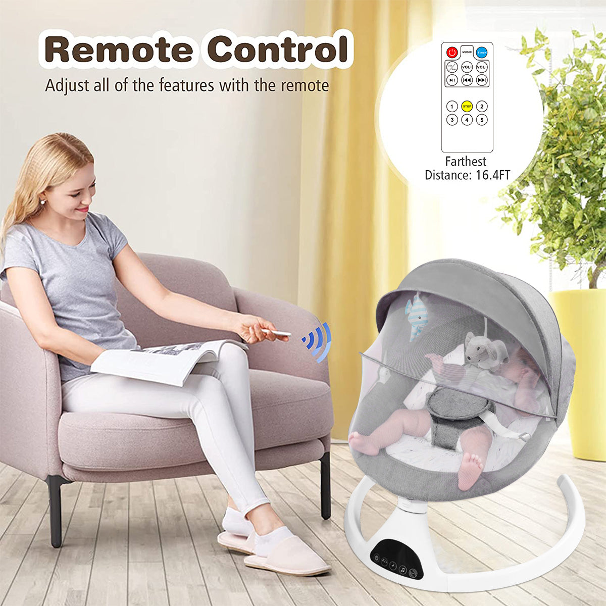 Electric Baby Swing for Infants, Bluetooth Swing Remote Control Baby Bouncer Baby Rocker with Intelligence Timing, Grey