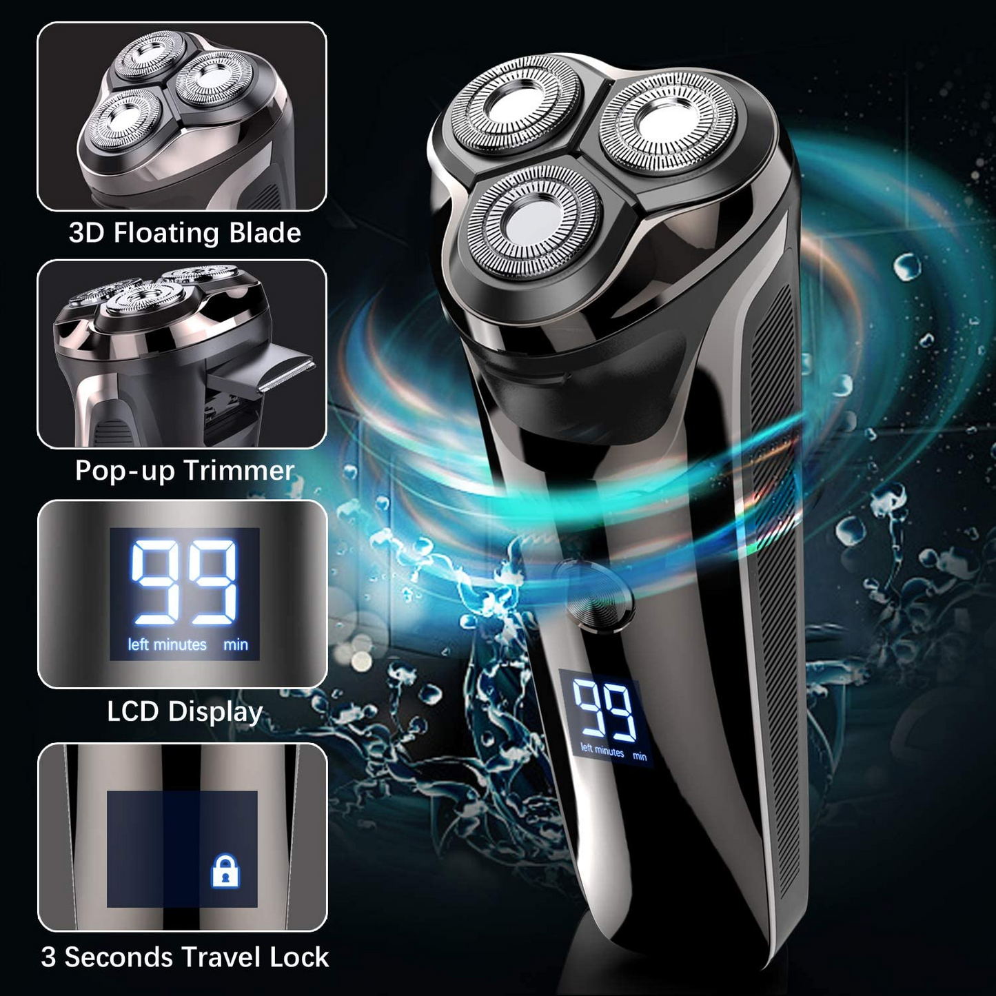 2 in 1 Electric Razor for Men, IPX7 Waterproof 4D Electric Rotary Shaver, Dry Wet Beard Trimmer Travel USB Rechargeable