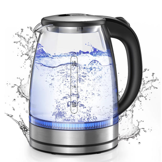 Electric Kettle, Glass and Steel Hot Tea Water Kettle with Blue LED Indicator Light, Tea Kettle with Auto Shut-Off and Boil-Dry Protection, 1.8-Liter