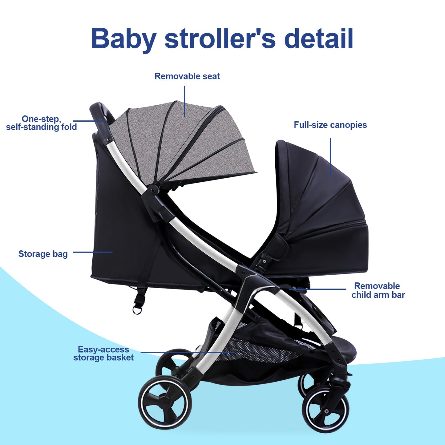 Lightweight Stroller for Toddlers, 2-in-1 Reversible and Reclinable Seat Compact Travel Stroller with Sun Canopy, Easy Carry Stroller with Adjustable Handles & Backrest