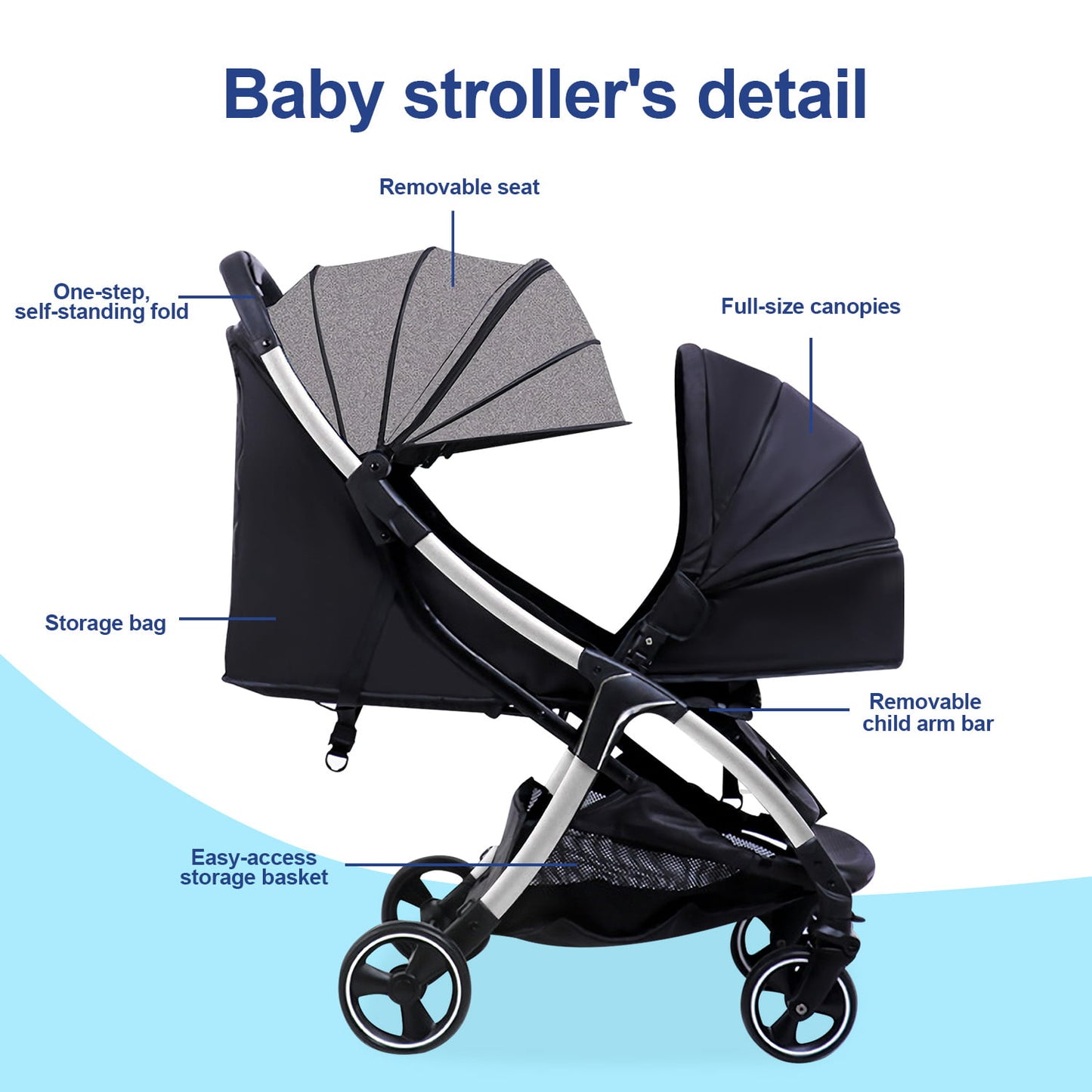 Baby Stroller, Travel Stroller, Easy Carry Stroller Lightweight Pushchair with Adjustable Canopy, Reclining Seat, Toddler