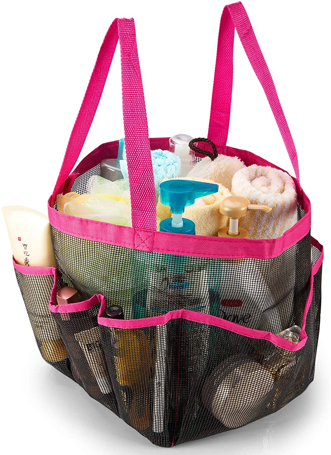 Mesh Shower Caddy with 8 Pockets, Quick Dry Shower Carry Tote, Bathroom Storage Bag, Pink