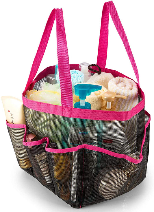 Mesh Shower Caddy with 8 Pockets, Quick Dry Shower Carry Tote, Bathroom Storage Bag, Pink