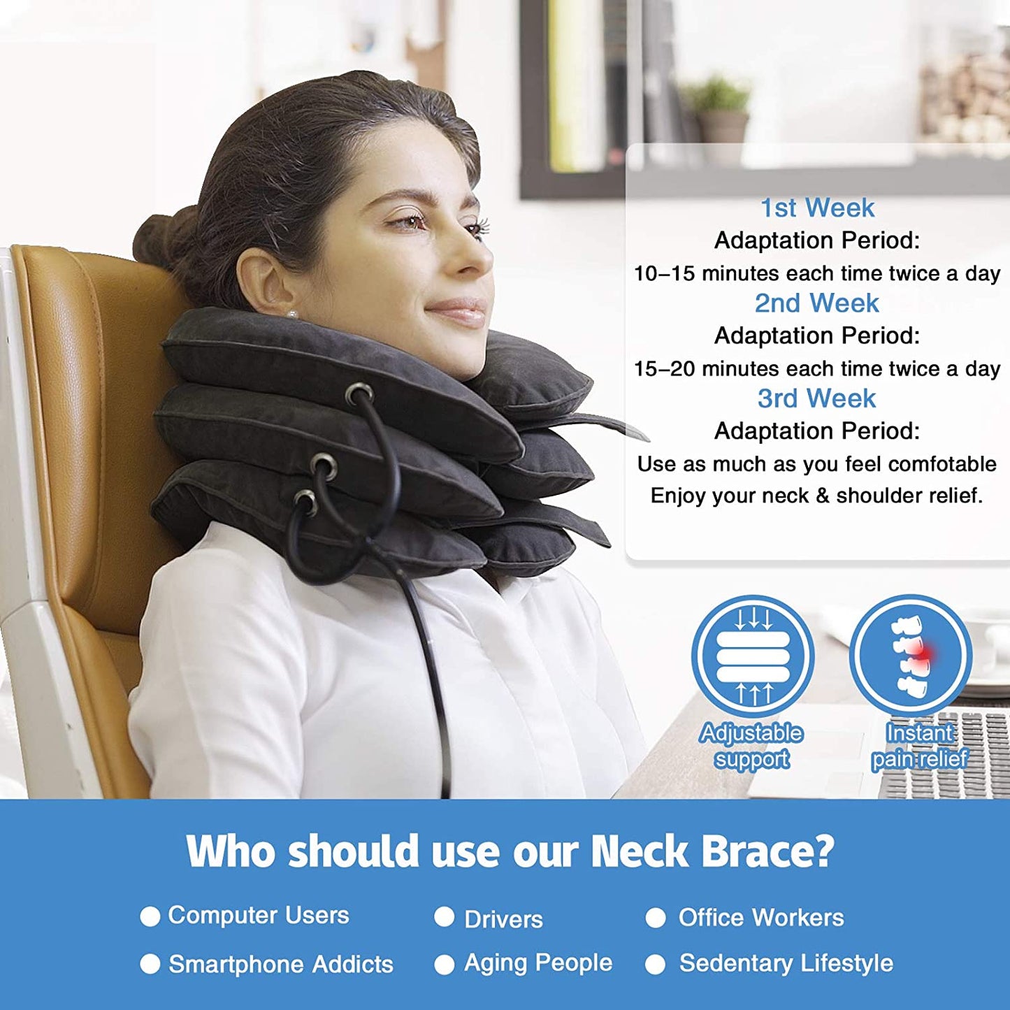 Cervical Neck Traction Device Inflatable Neck Support, Adjustable Neck Brace is Good for Spine Alignment and Chronic Neck Pain Relief, Traction Collar is Easy to Use at Home or Office